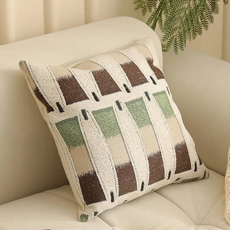 Square Jacquard pillow cover with detailed retro floral pattern on a grey sofa, showing 45x45cm size.