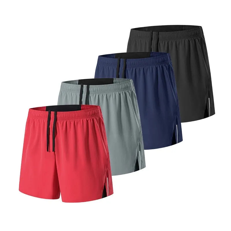 Men's red high-waist off-road running shorts with loose leg design, shown on a model running on a trail.