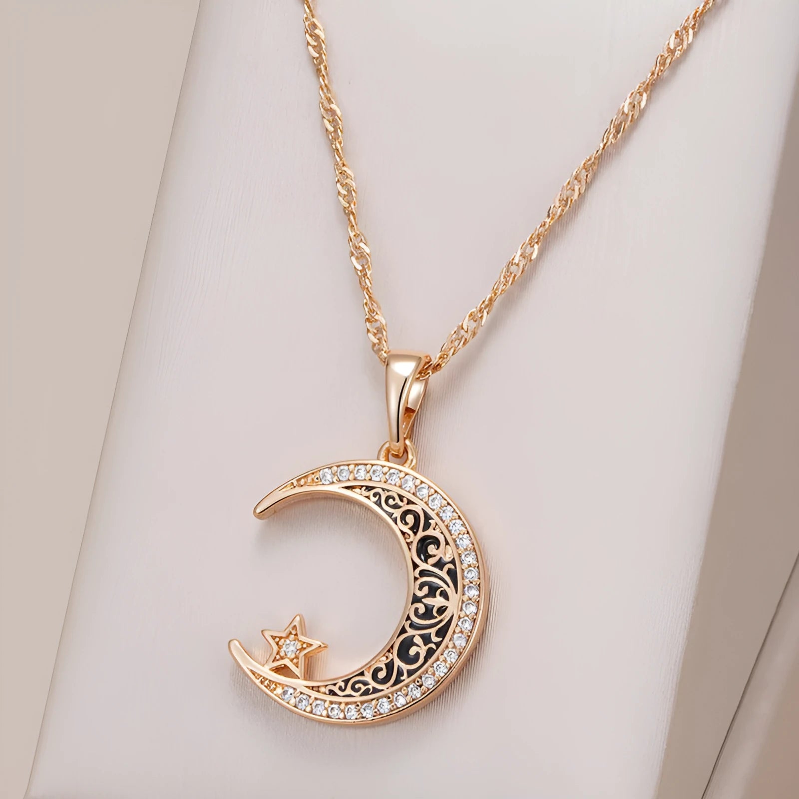 Rose gold star moon necklace with zircon pendant and adjustable chain