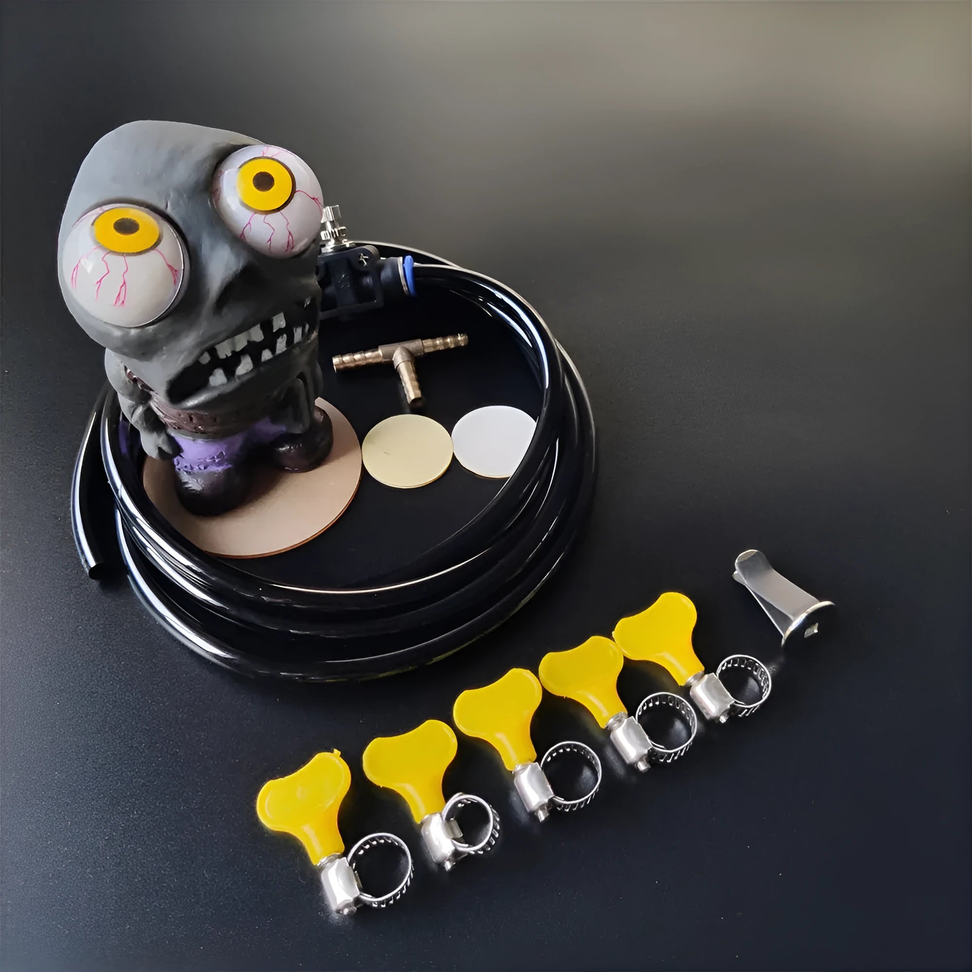 Car turbo Blow-Off Valve sound simulator kit with doll ornament, pressure valve, copper tube, and installation clips.