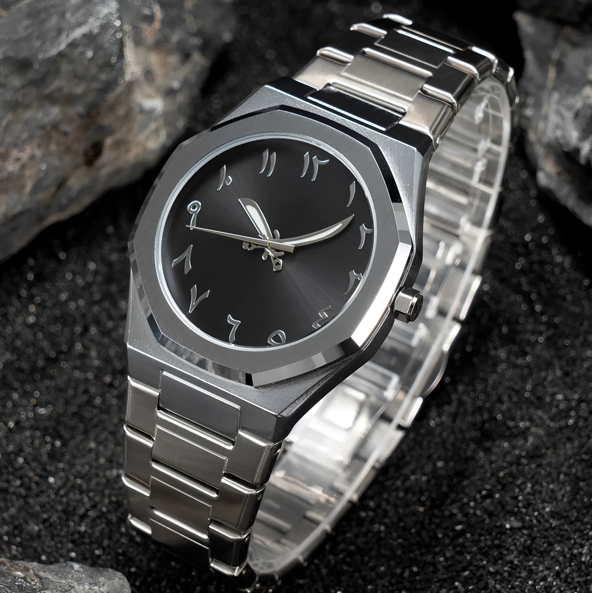 Men's business casual watch with stainless steel bracelet and black dial