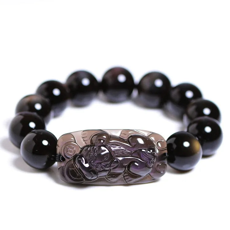 Natural icy obsidian Pi Xiu bracelet with double eye ice stone beads in geometric ethnic style available in multiple sizes