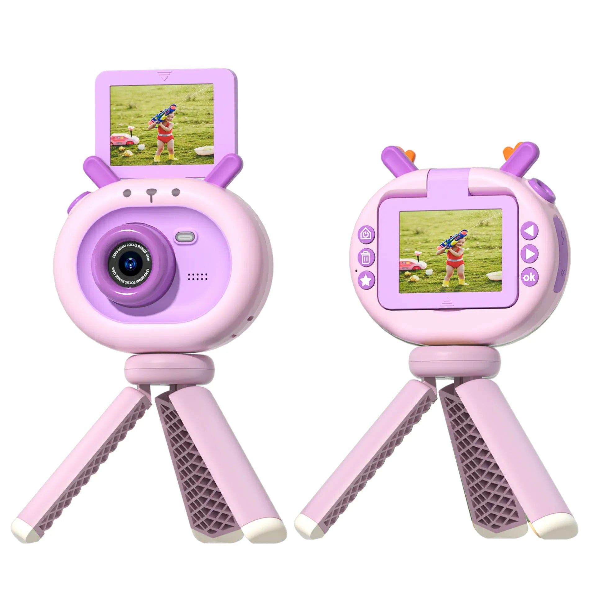 Purple and dark green children's digital camera with flip screen, silicone case, and carry lanyard.