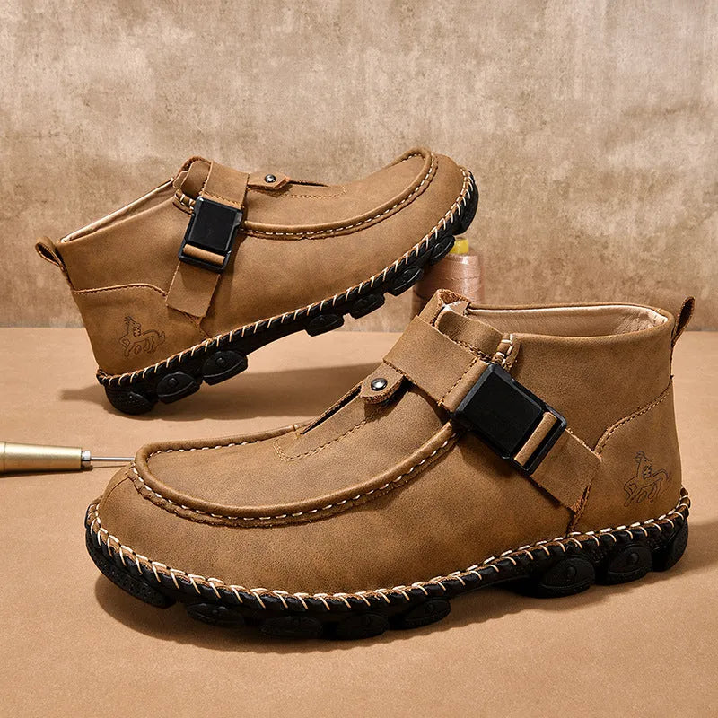 Men's black handmade stitching casual flat bottom slip on shoes made from synthetic leather.
