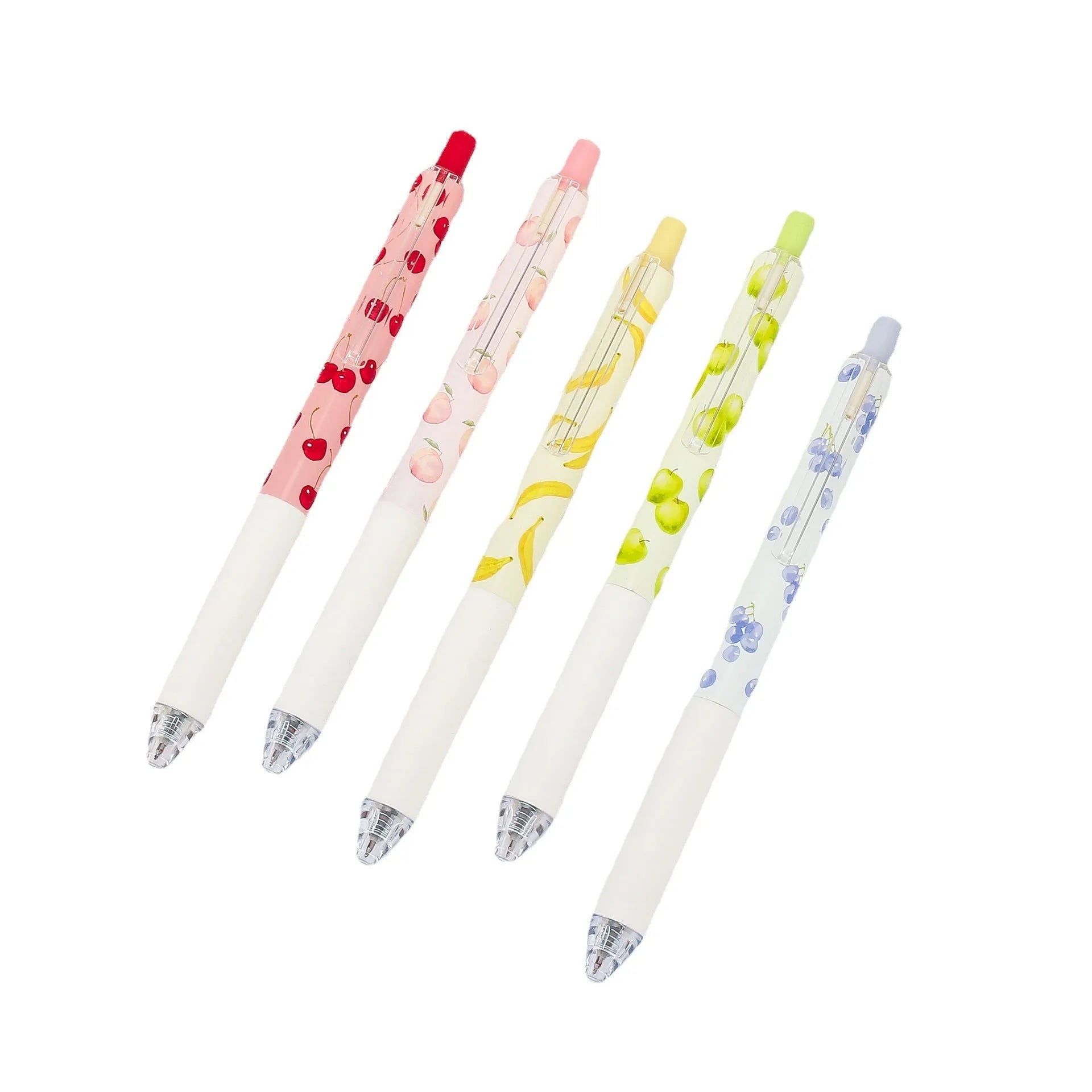Three fruit-scented pressurised pens with 0.5mm black refills and plastic barrels