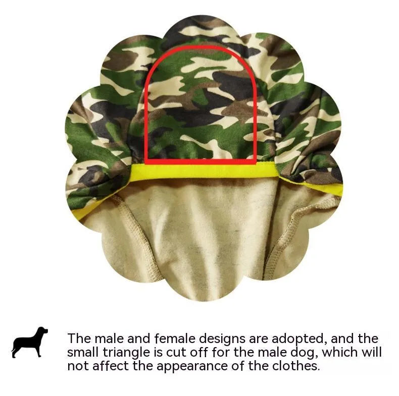 Cotton four-legged pet clothing in dinosaur design with full belly coverage, available in sizes 26 to 38 yards