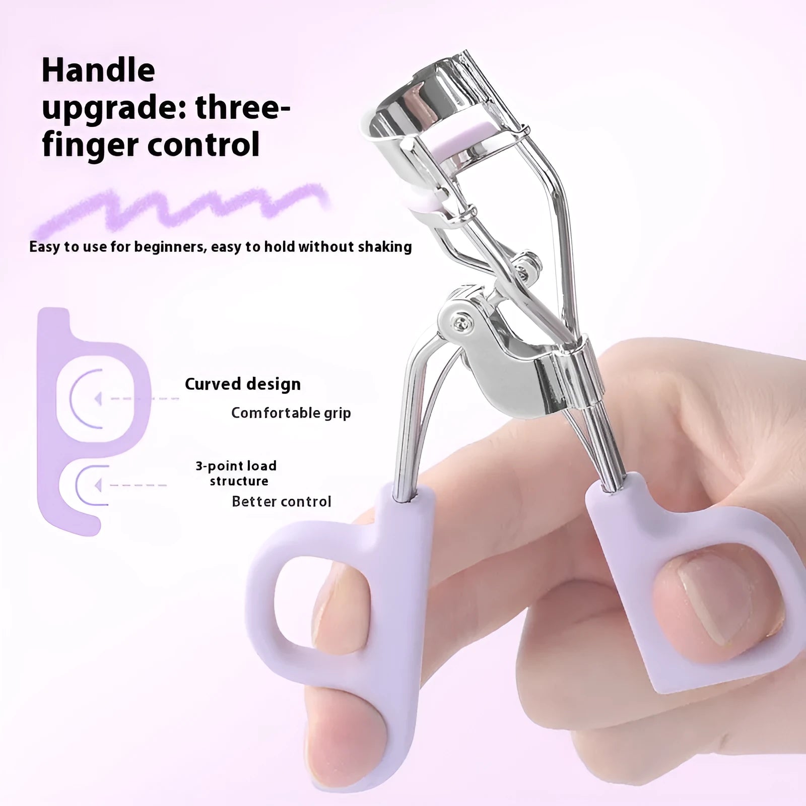 SUNFLOWER brand eyelash curler with A4 scissor handle showing pink and purple colour options