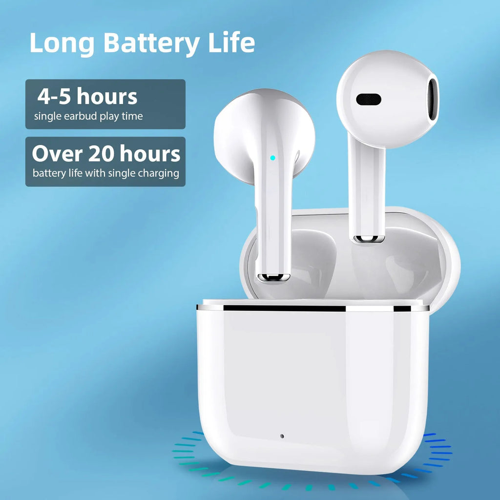 Wireless half in-ear Bluetooth headset in white with plastic build and compact charging case