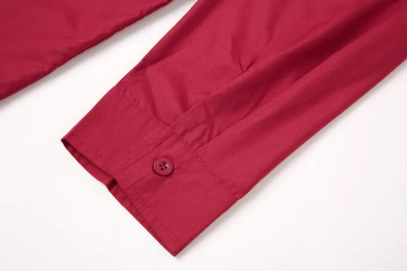 Men's red stand-up collar casual shirt with Chinese-style design, long sleeves, available in sizes S to XXXL