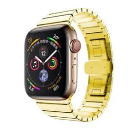Stainless steel Apple Watch metal band with butterfly buckle clasp in silver, black, blue, gold, and rose gold colours