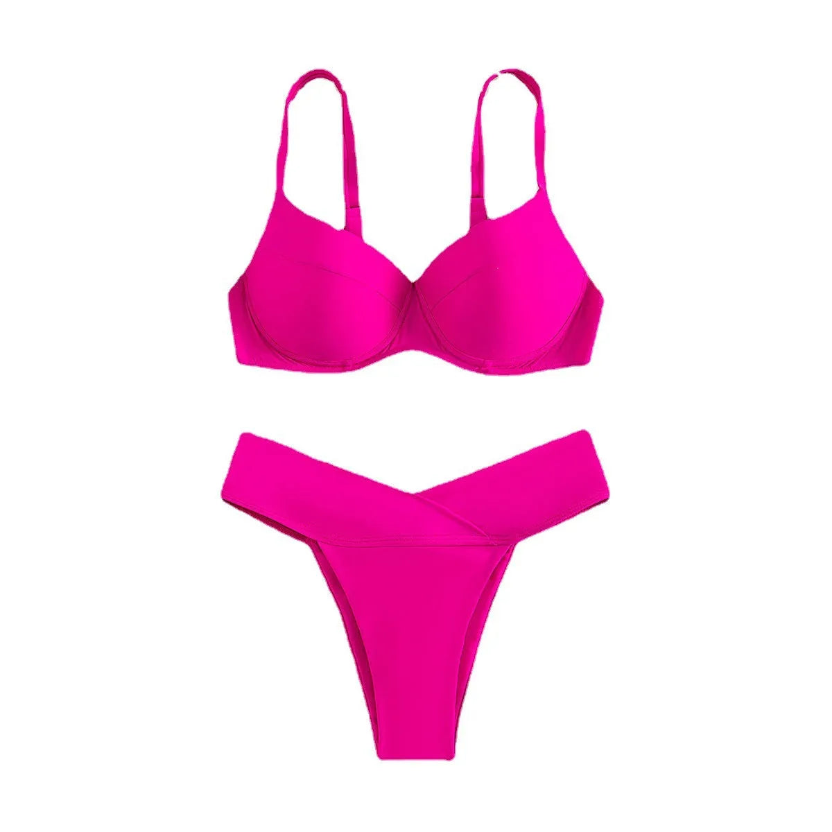 Solid colour nylon split bikini swimsuit in fluorescent green, shown as a bra and panties set.