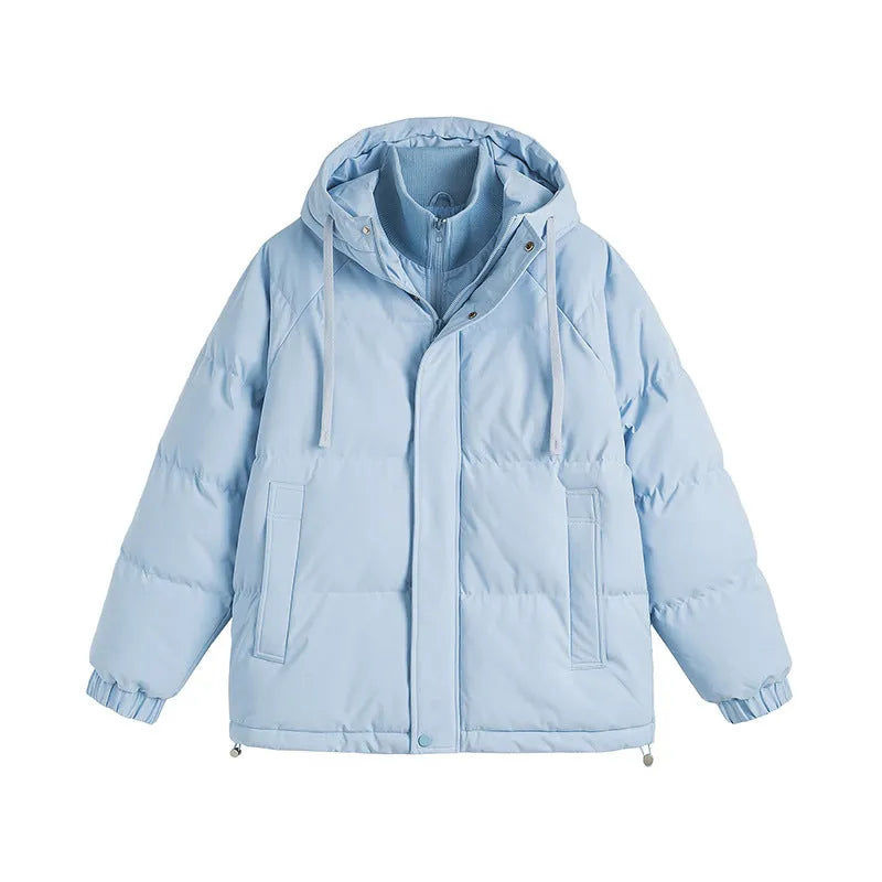 Loose-fitting padded winter jacket in a solid colour with side seam pockets and a cardigan style.