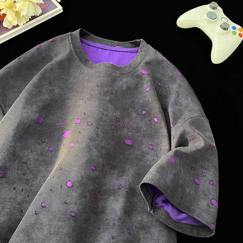 Men's ripped short sleeve T-shirt loose fit in khaki, dark green, black, or grey colours