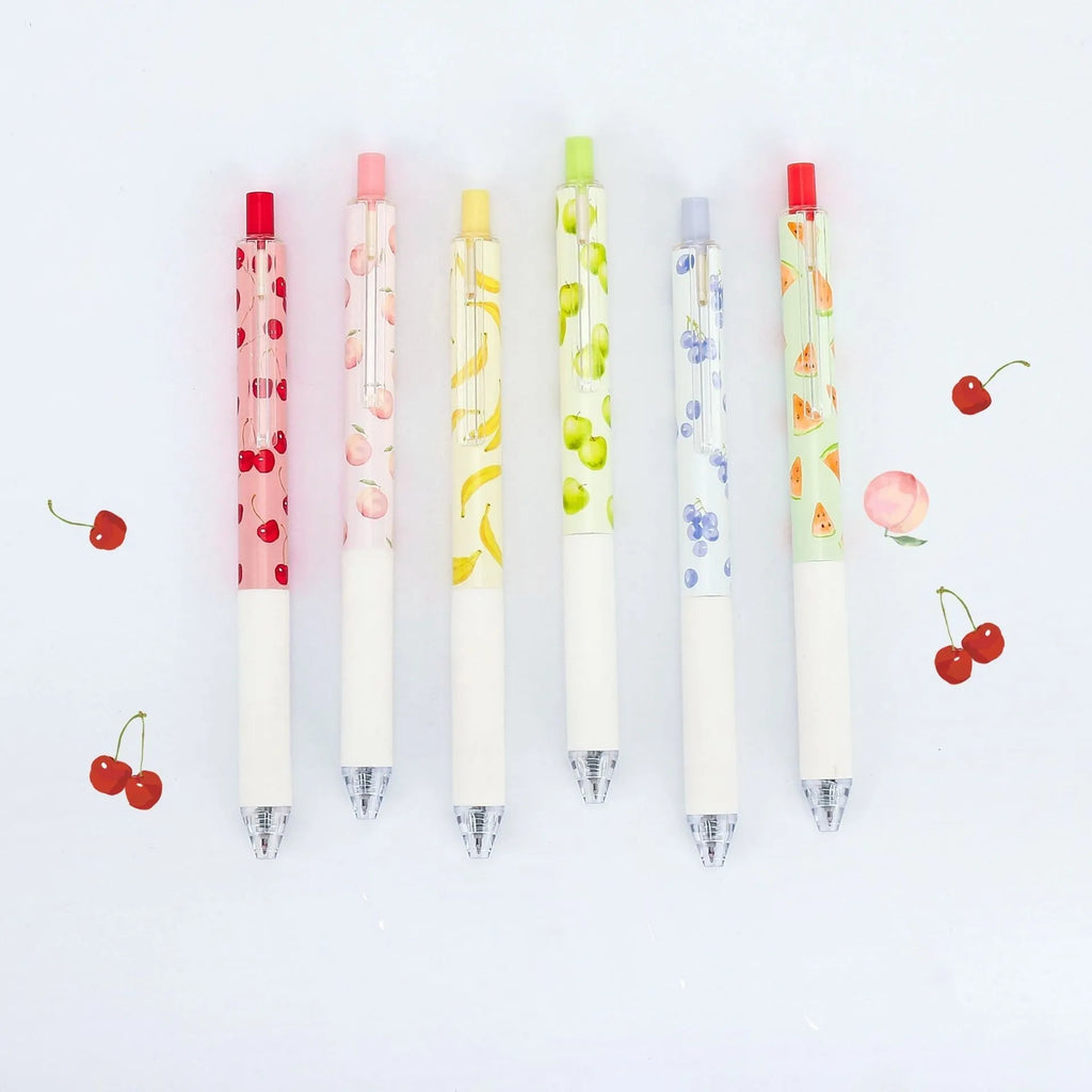 Three fruit-scented pressurised pens with 0.5mm black refills and plastic barrels