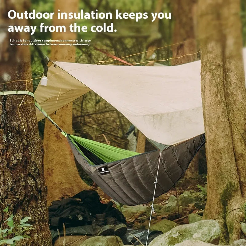 Army green camping hammock with sleeping bag measuring 238cm by 130cm, showing compression bag and fixed clips