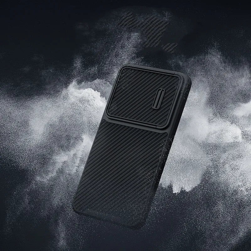 Black Samsung S23 Ultra phone case with a sliding cover over the rear camera lenses.
