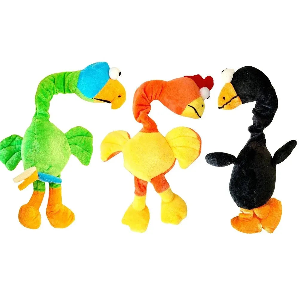 Chicken-shaped plush dog toy with screaming sound and squeaky function in black, green or orange colours