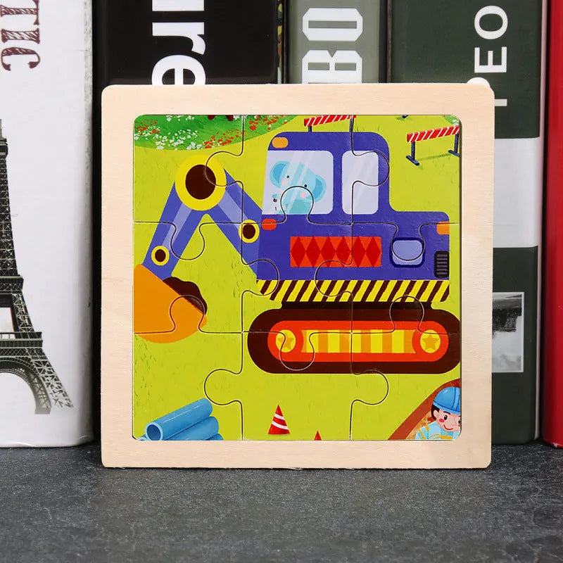 Children's wooden flat puzzle 11 x 11 x 0.4cm in Jellyfish, Excavator, Brachiosaurus, Bear, and Pterosaur designs