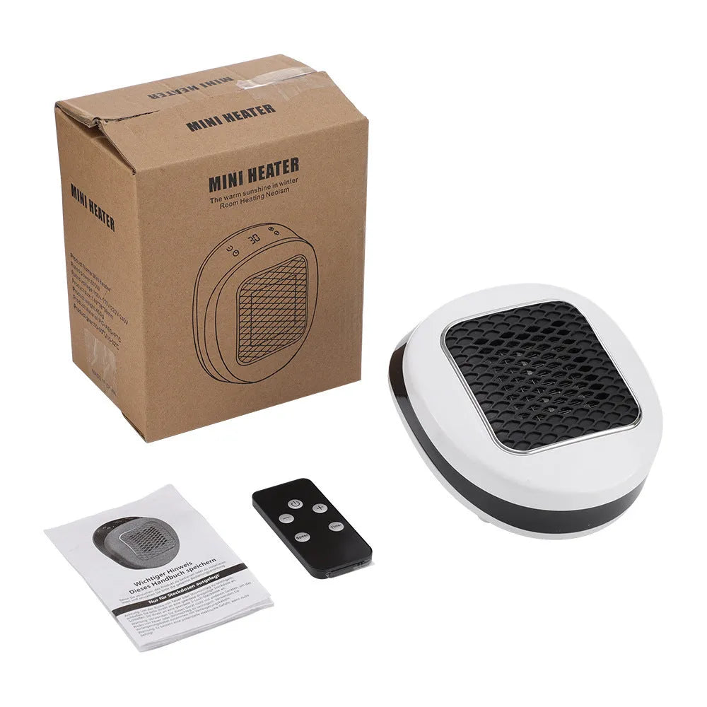 White ceramic heating electric hot air blower with remote control on a table