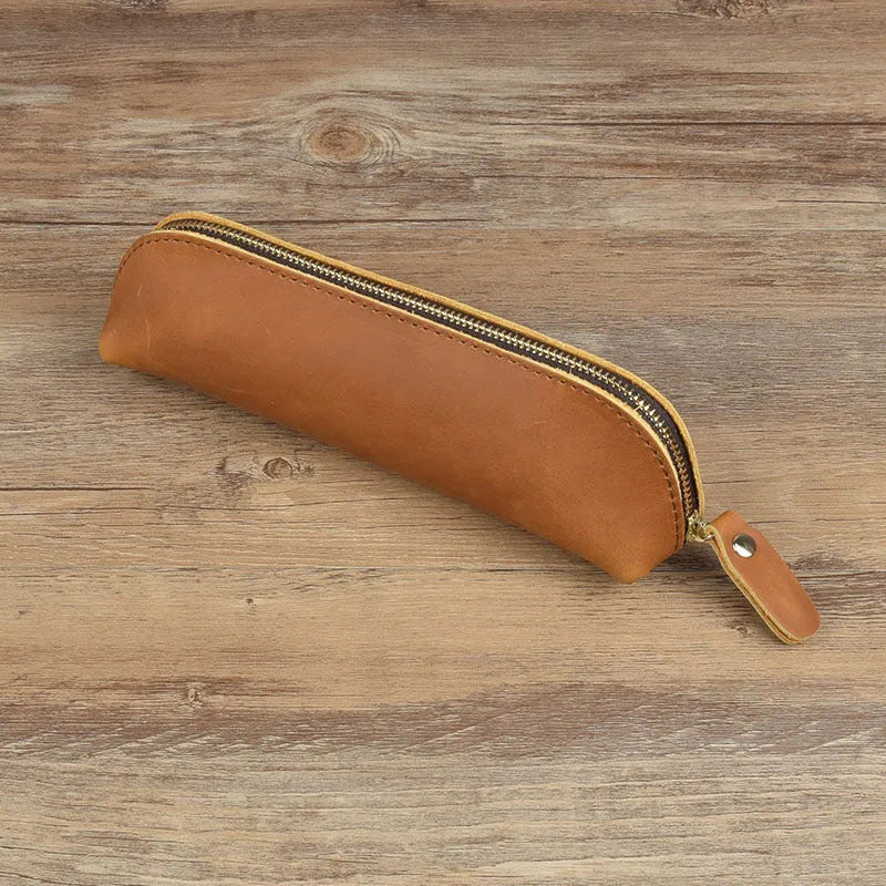 Genuine cowhide leather pencil case with zipper, 18cm long, in black solid colour