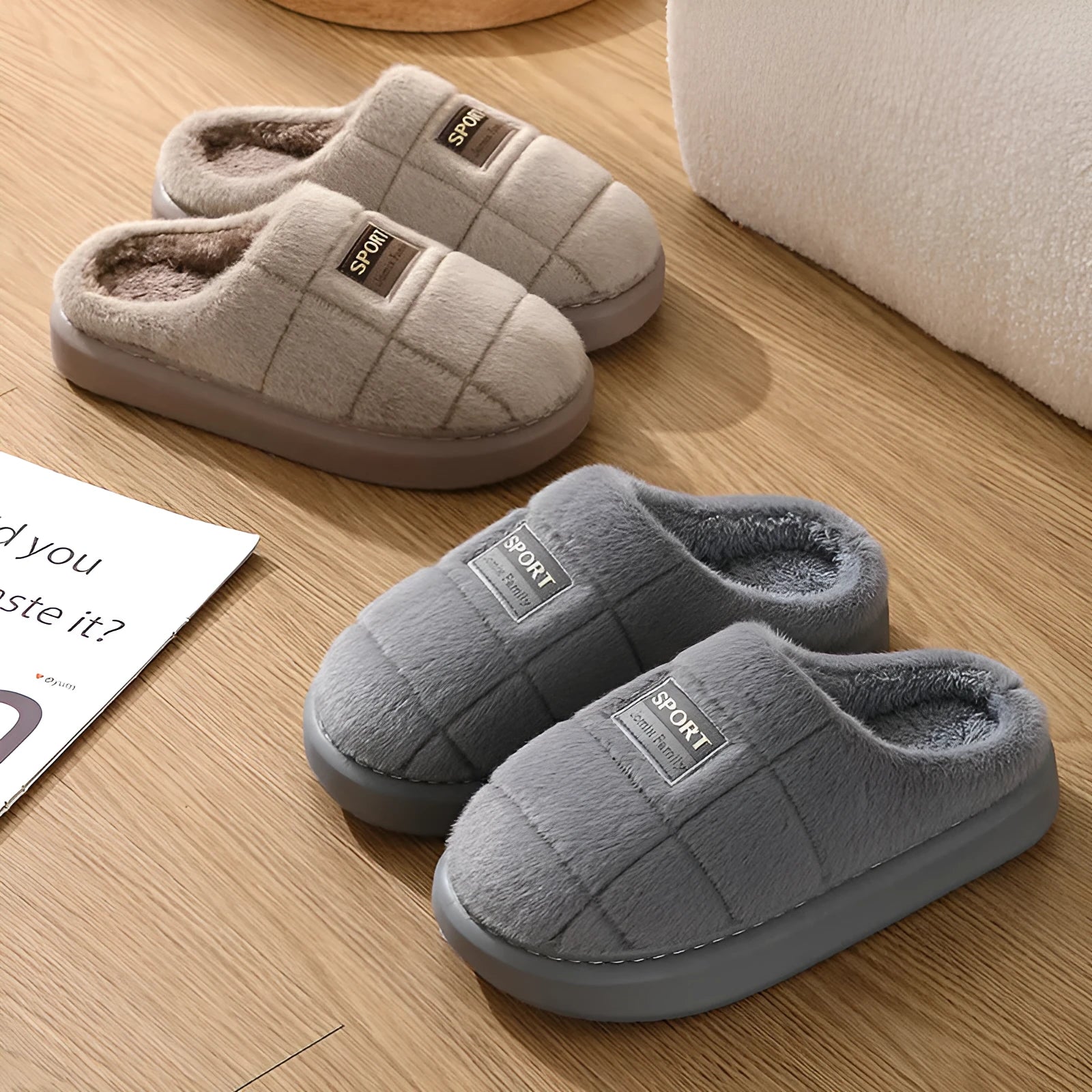 Men's grey and brown plaid winter slippers with rabbit hair upper and EVA sole