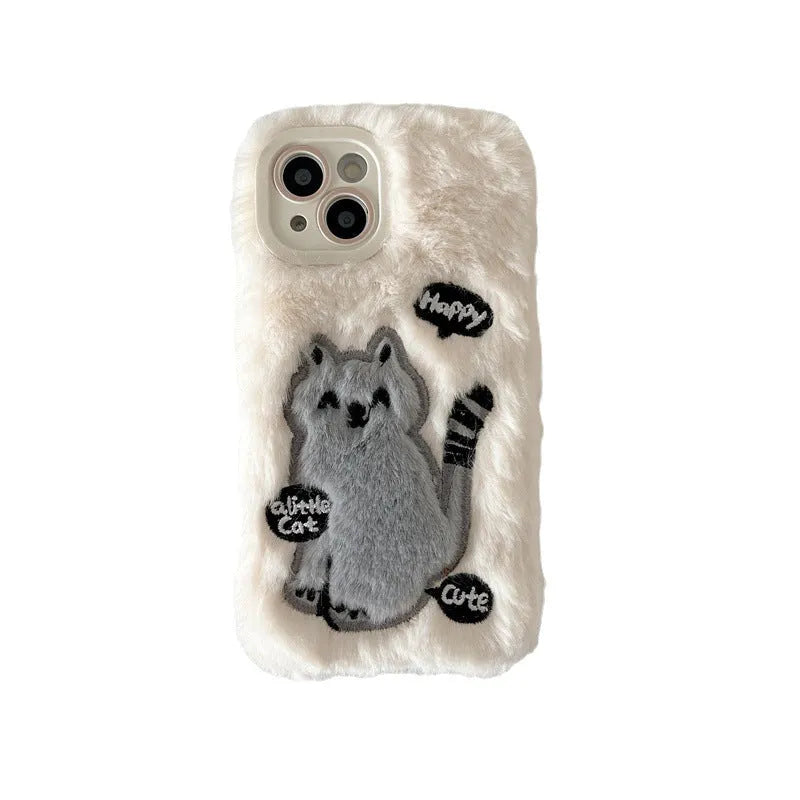 TPU phone case with plush embroidery happy cat and furry texture for Apple iPhone