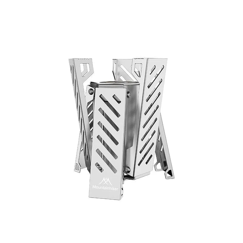 Hexagon-shaped foldable alcohol camping stove showing black finish and compact 9.5cm width
