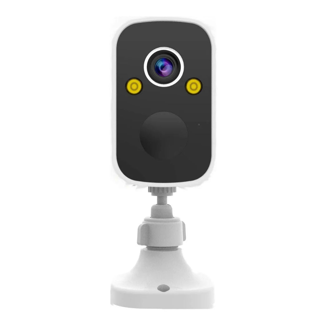 White indoor battery-powered Wi-Fi security camera with built-in bracket on a table.