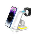 Black vertical wireless charger showing phone, smartwatch and earbuds charging simultaneously