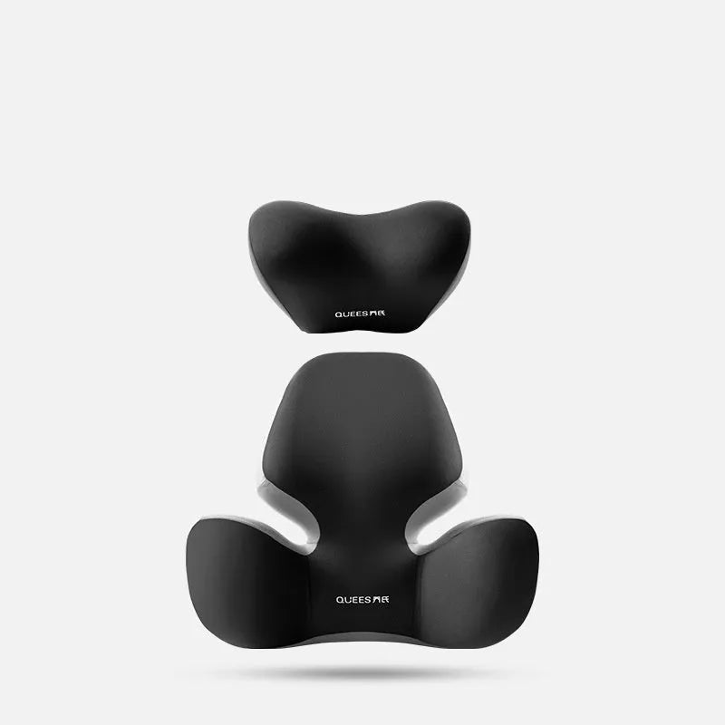 Black and grey memory foam lumbar support pillow and headrest on a car seat.