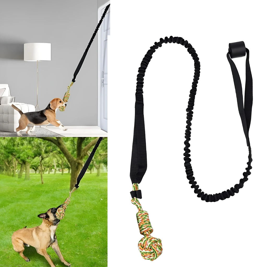 A woven cotton rope dog toy for tug of war and chewing, shown in black, grey, and red colour options.