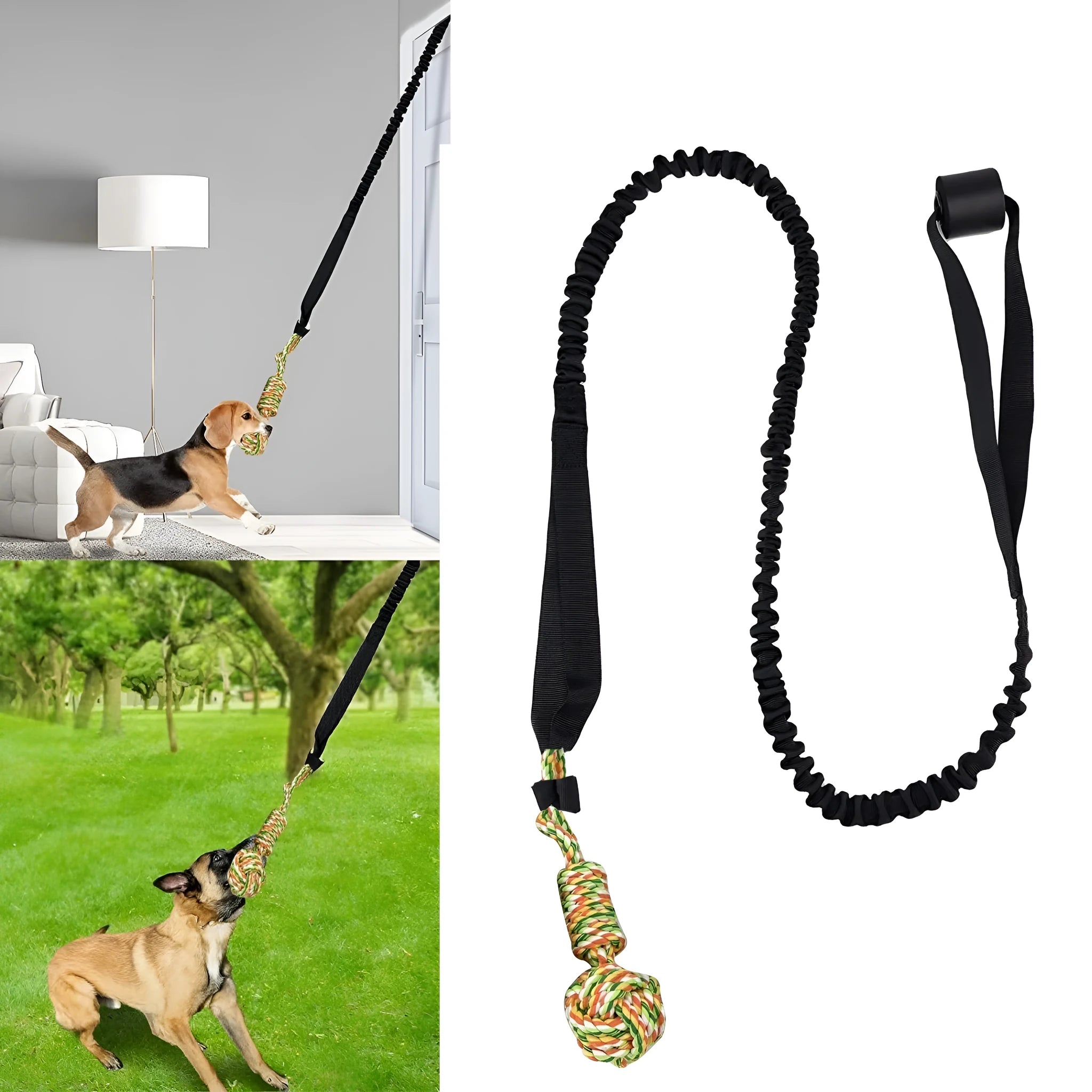 A woven cotton rope dog toy for tug of war and chewing, shown in black, grey, and red colour options.