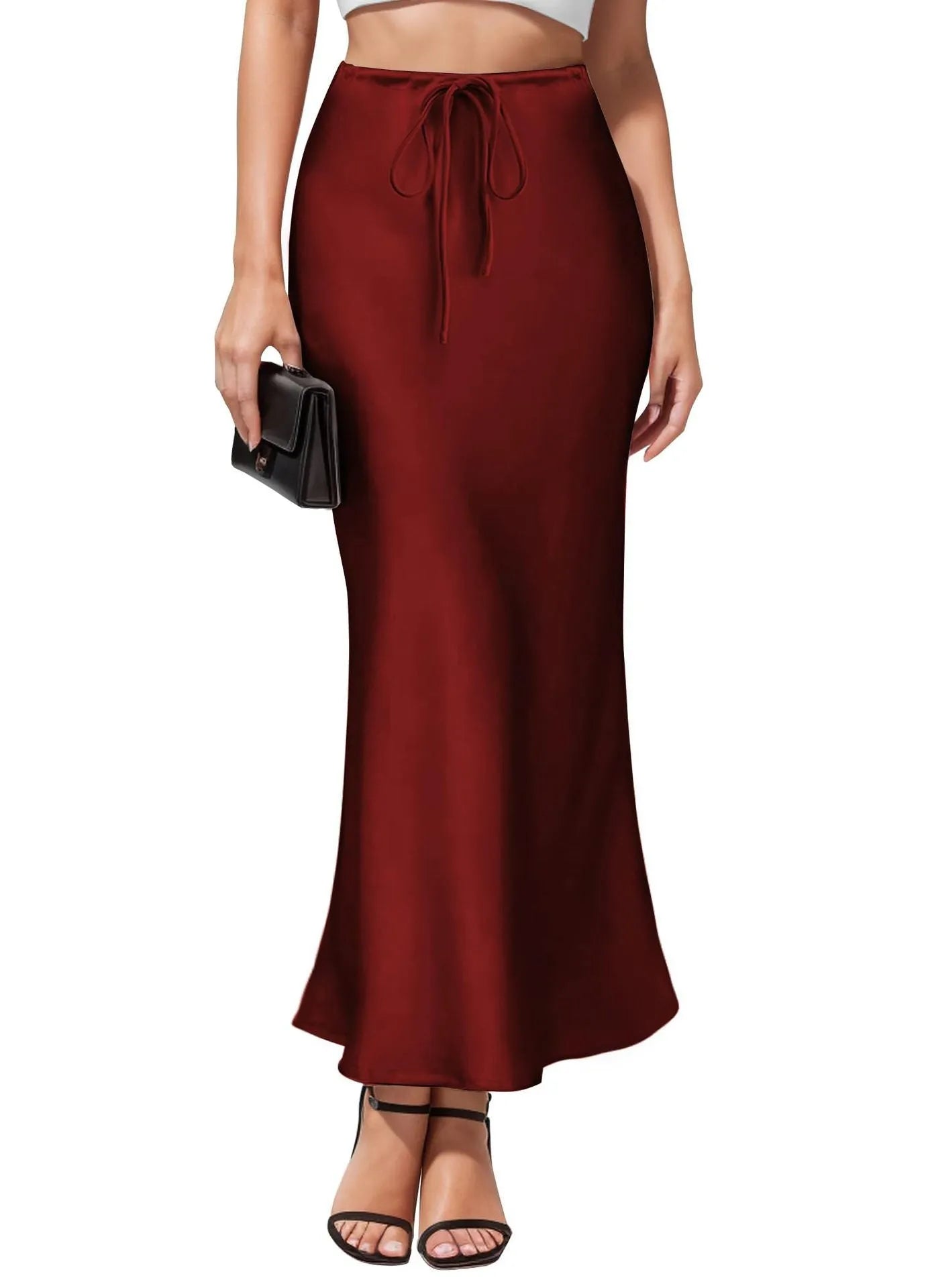 Asymmetric high-waist acetate satin skirt in solid colour with irregular stitching detail