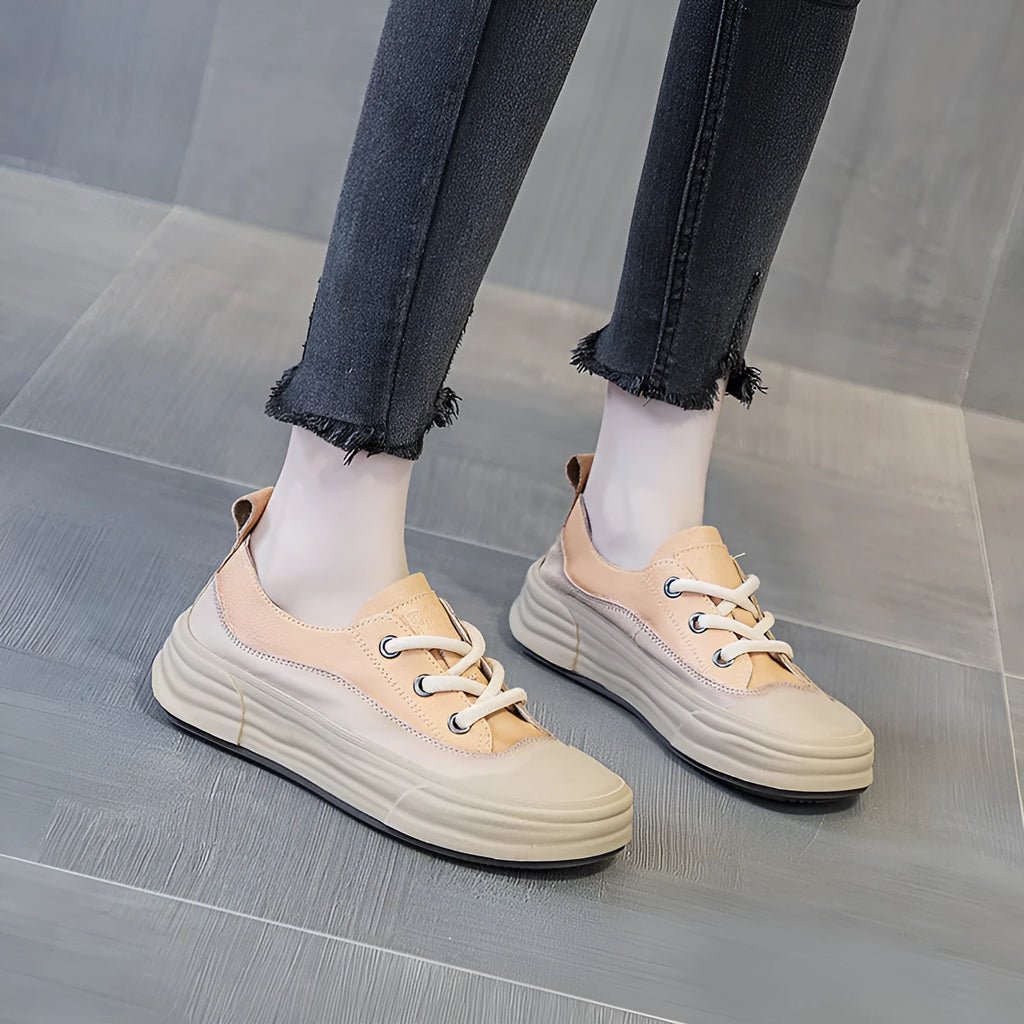Women's leather platform sneakers in matcha green, purple, and orange colours with lace-up front and round toe