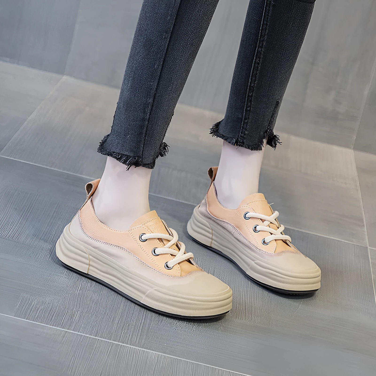 Women's leather platform sneakers in matcha green, purple, and orange colours with lace-up front and round toe