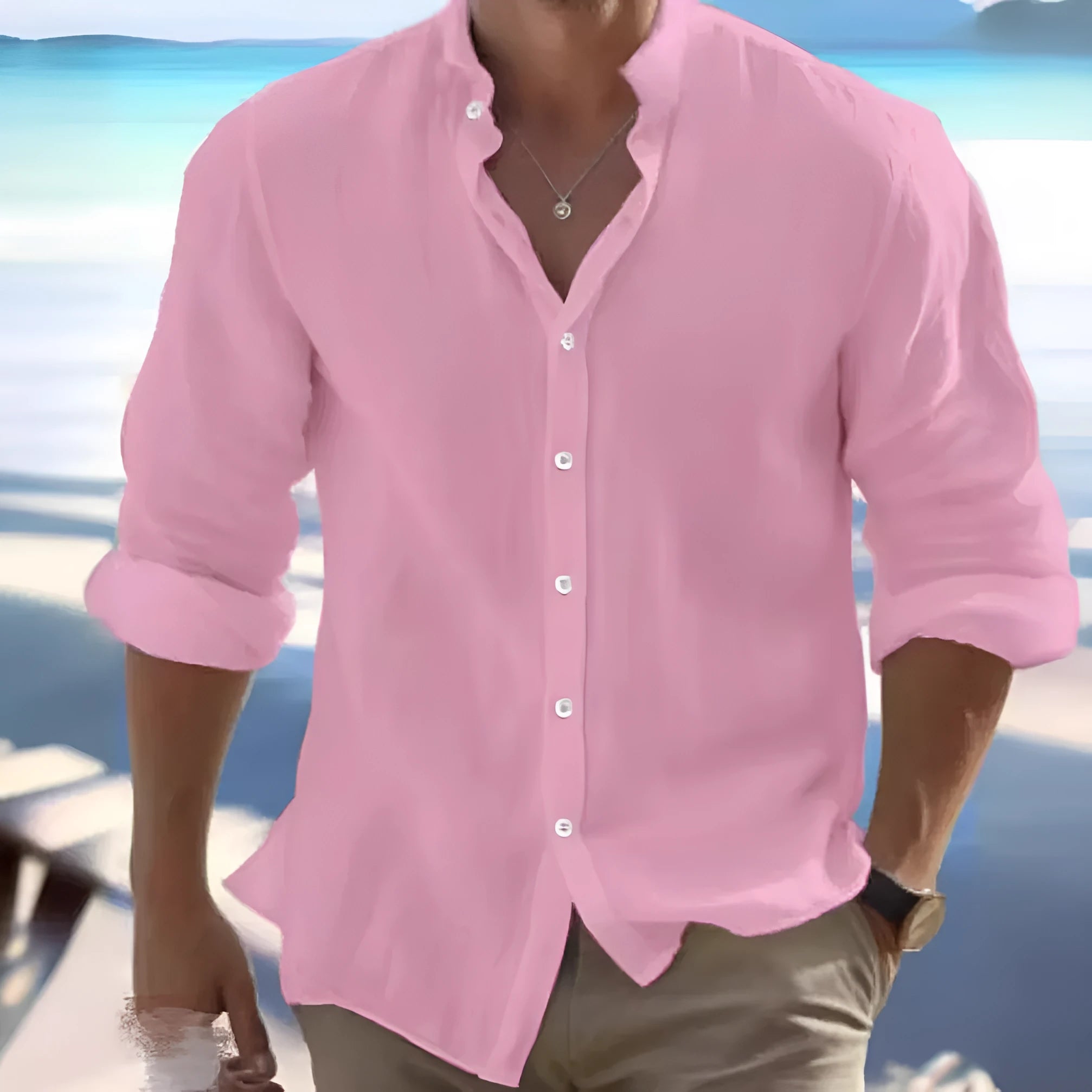 Men's casual light grey cotton pullover beach shirt with collage stitching detail.