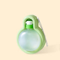 Green portable dog travel water bottle with pull-out bowl, shown with dimensions.