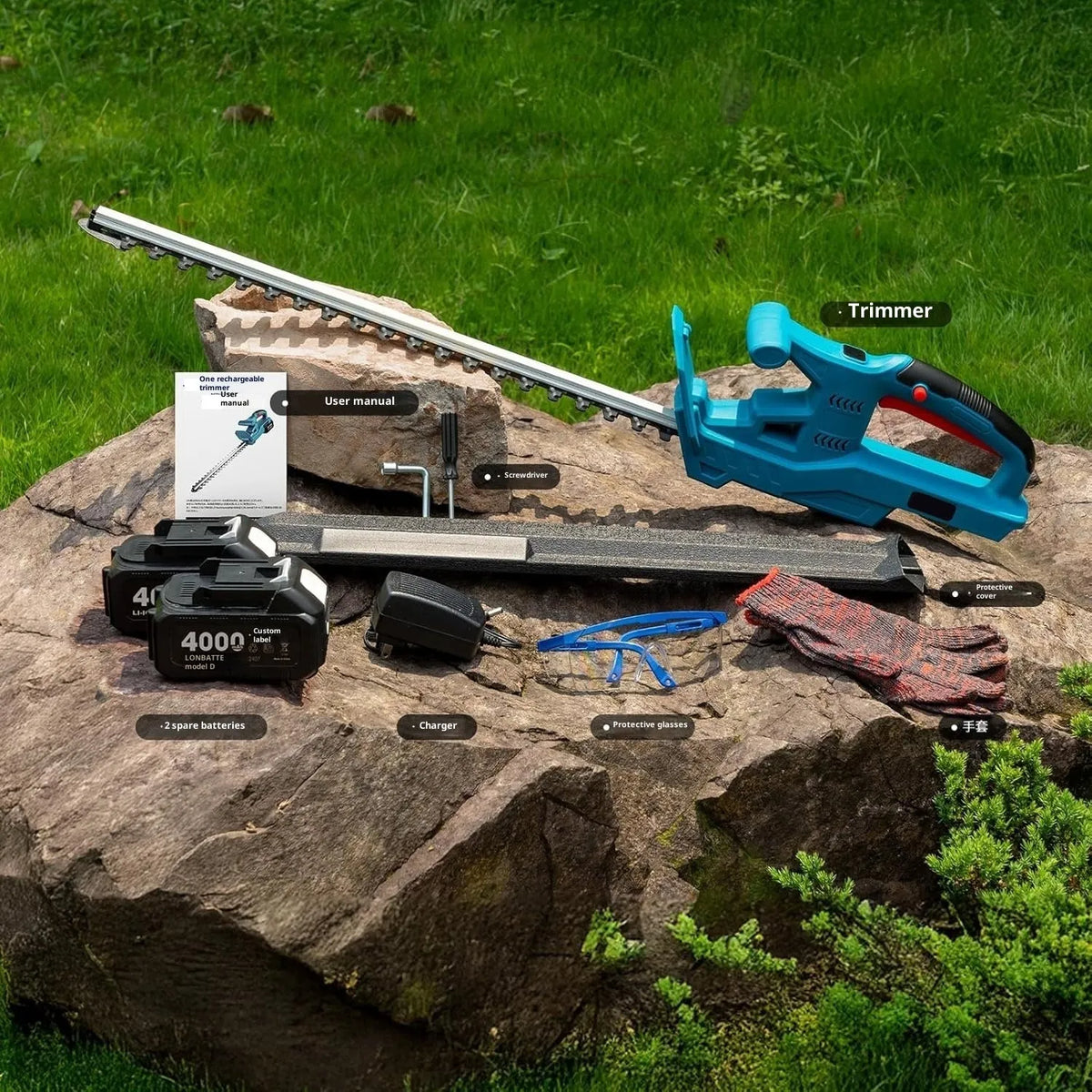 24V cordless lithium battery hedge trimmer with two batteries, charger, gloves, goggles and blade guard