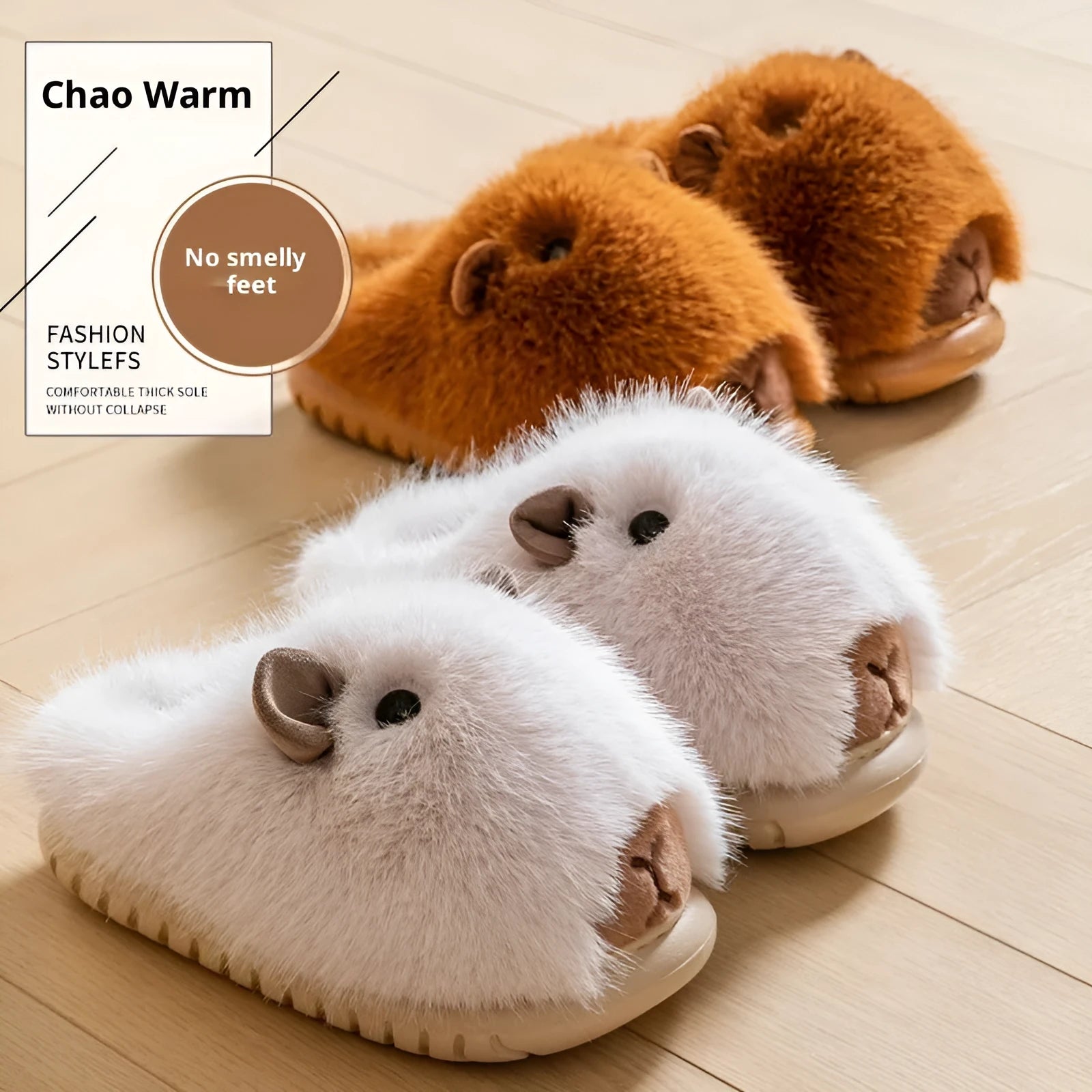 Warm cartoon plush slippers for women in dark brown with shearling inner and EVA sole, flat closed-toe design