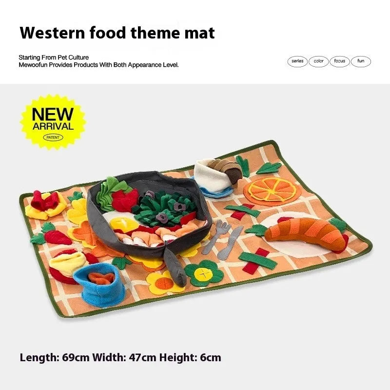 Plastic fabric dog sniffing mat in a thematic design, used for hiding food treats as a pet enrichment toy