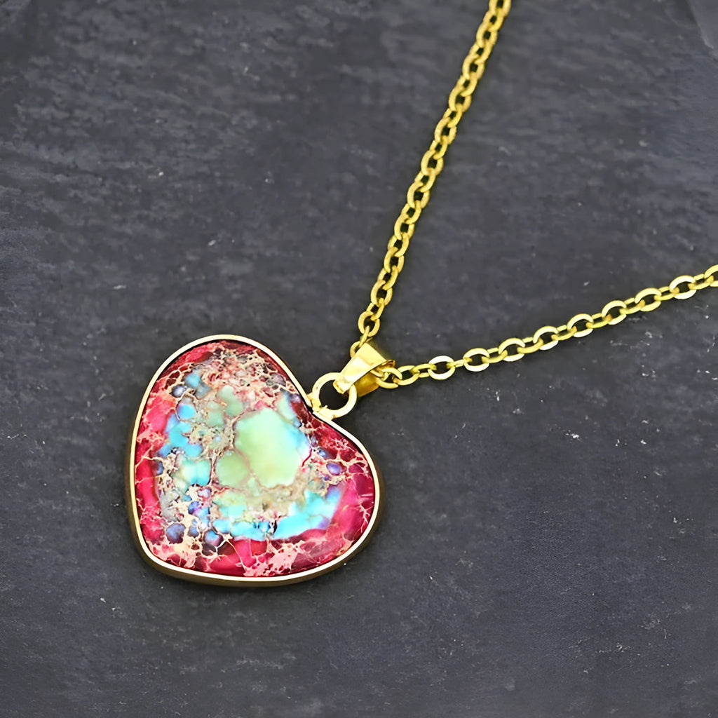 Heart-shaped emperor stone necklace with natural stone pendant in red and blue colour options, single necklace.