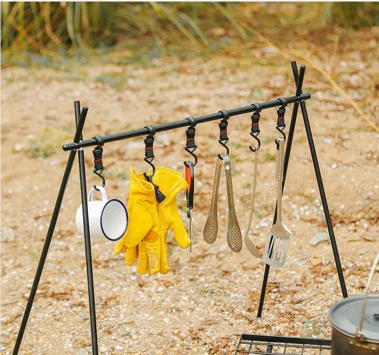 Aluminium alloy foldable triangle camping drying rack with side hanger and multiple hooks