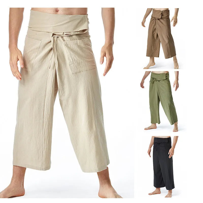 Linen blend drawstring harem pants in solid colour, loose straight-leg style for yoga and leisure