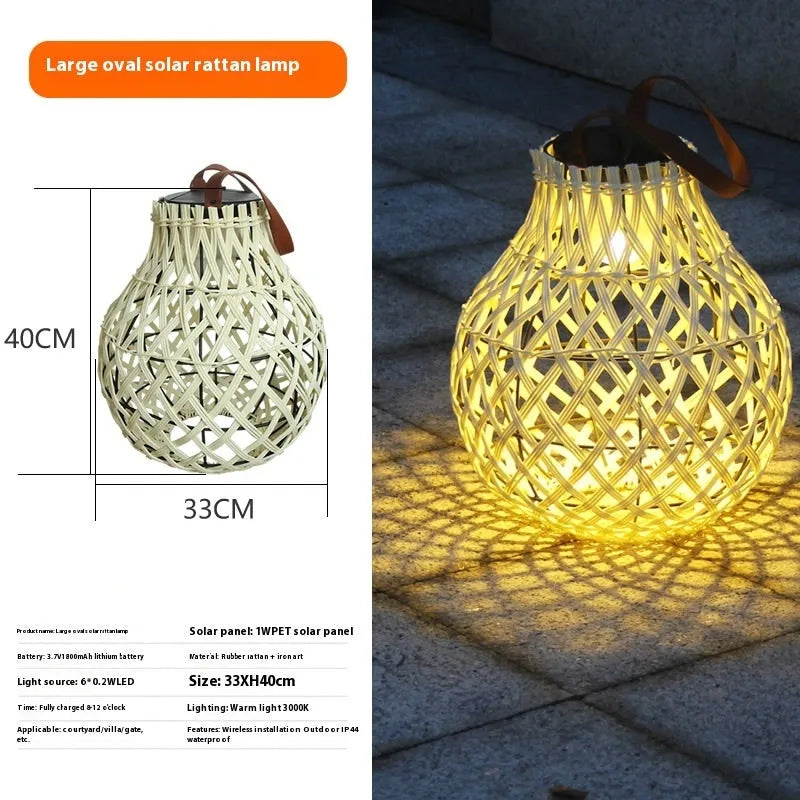 Outdoor solar lantern light with imitation bamboo weaving pattern, hanging in garden setting