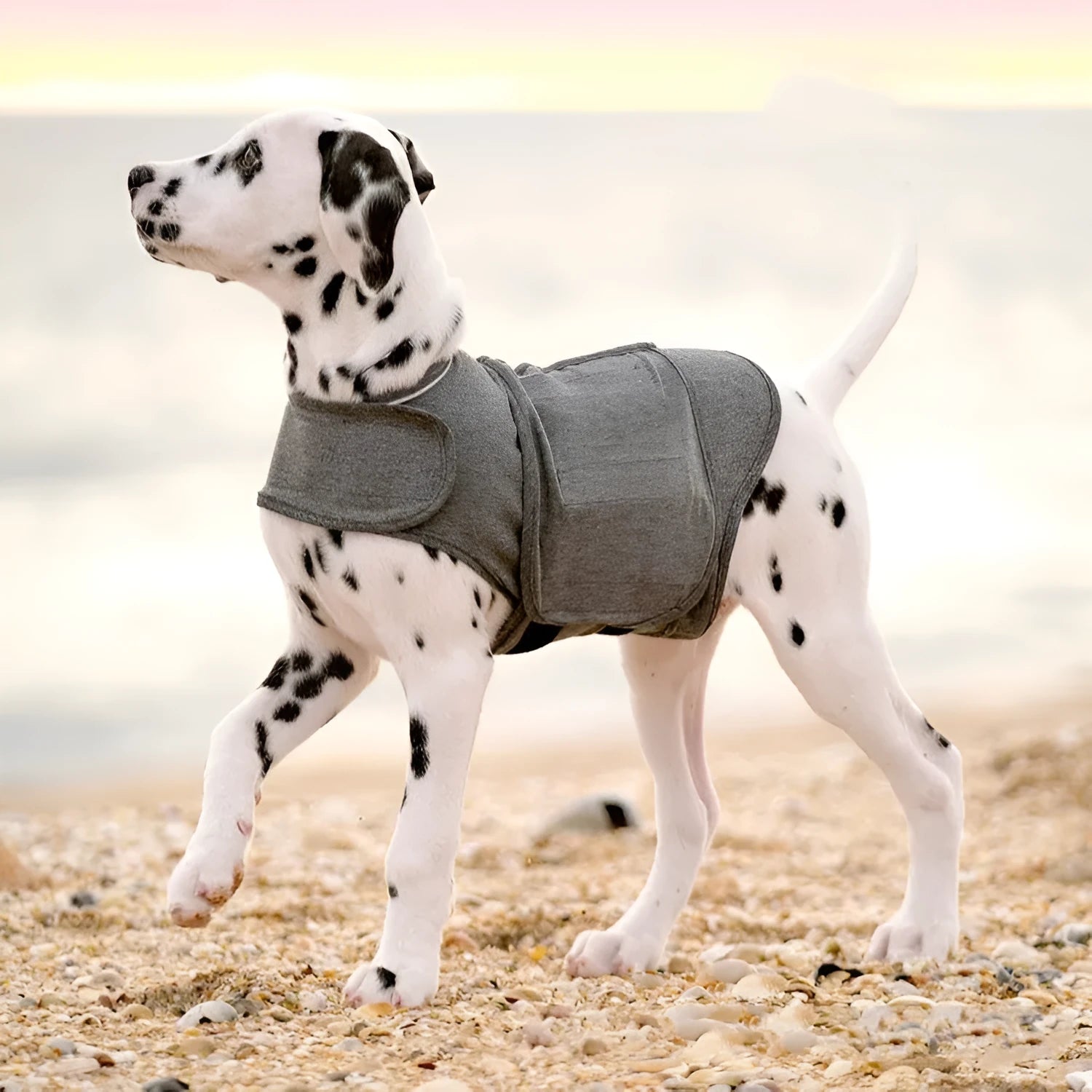 Heather grey dog anxiety vest or warm jacket made from soft polyester brocade cotton fabric on a medium-sized dog.