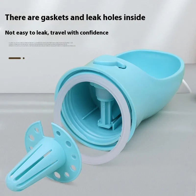 Blue portable two-in-one dog water cup showing bottle and attached drinking bowl