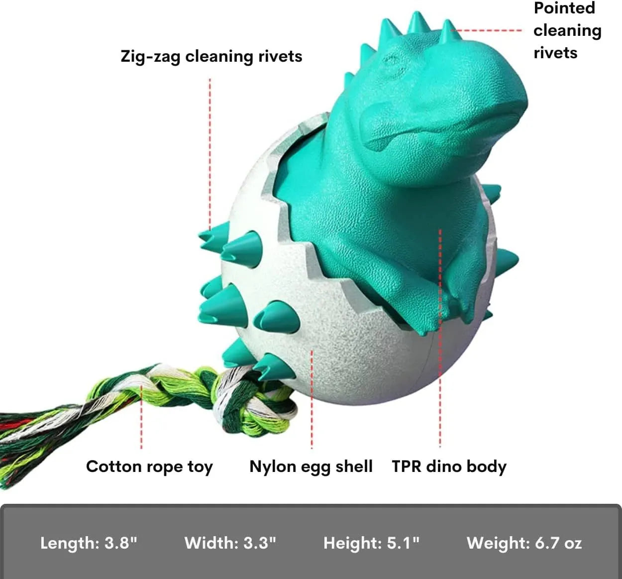 Blue dinosaur-shaped dog chew toy with textured surface and integrated rope.