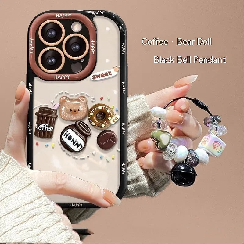 Coffee bear 3D doll pendant silicone phone case in cream black for Apple iPhone