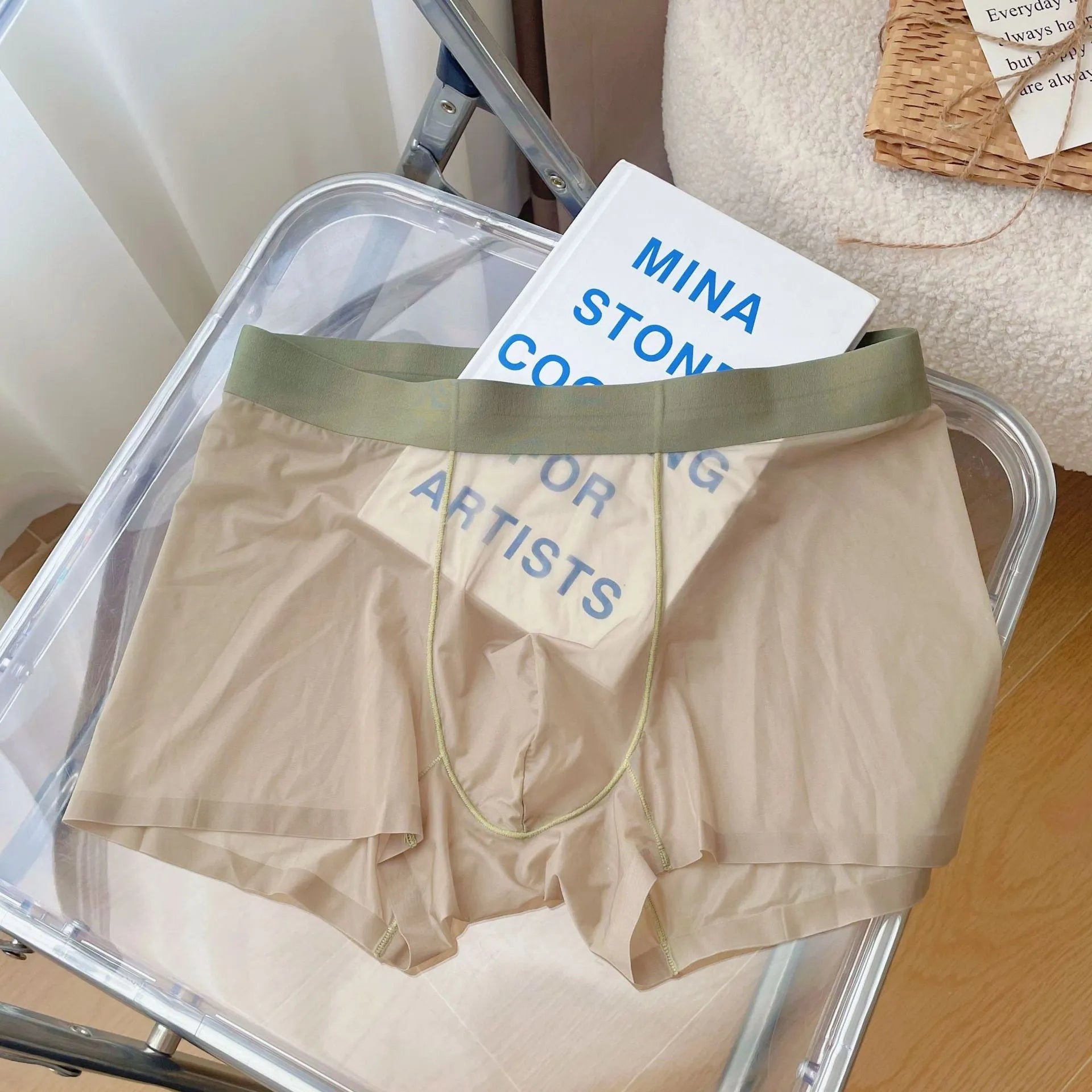 Men's seamless nylon boxer shorts in six colour options showing quick-drying breathable fabric