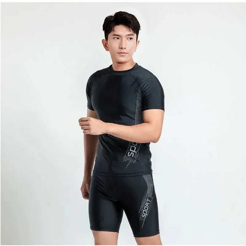 Men's plus size swimming trunks and top set in polyester fabric with pattern design